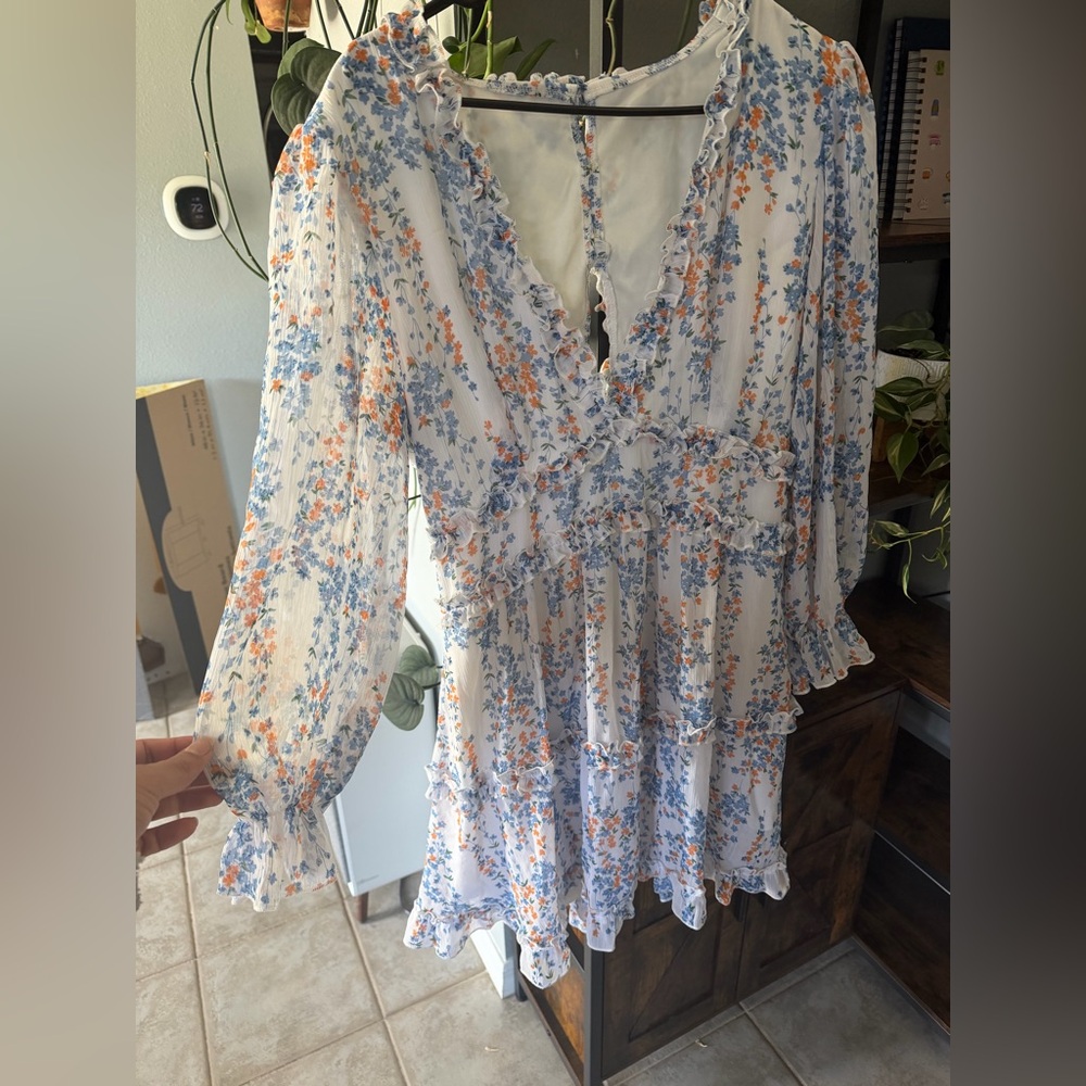 Light Floral Ruffle Mini Dress - Blue & Orange Flowers
